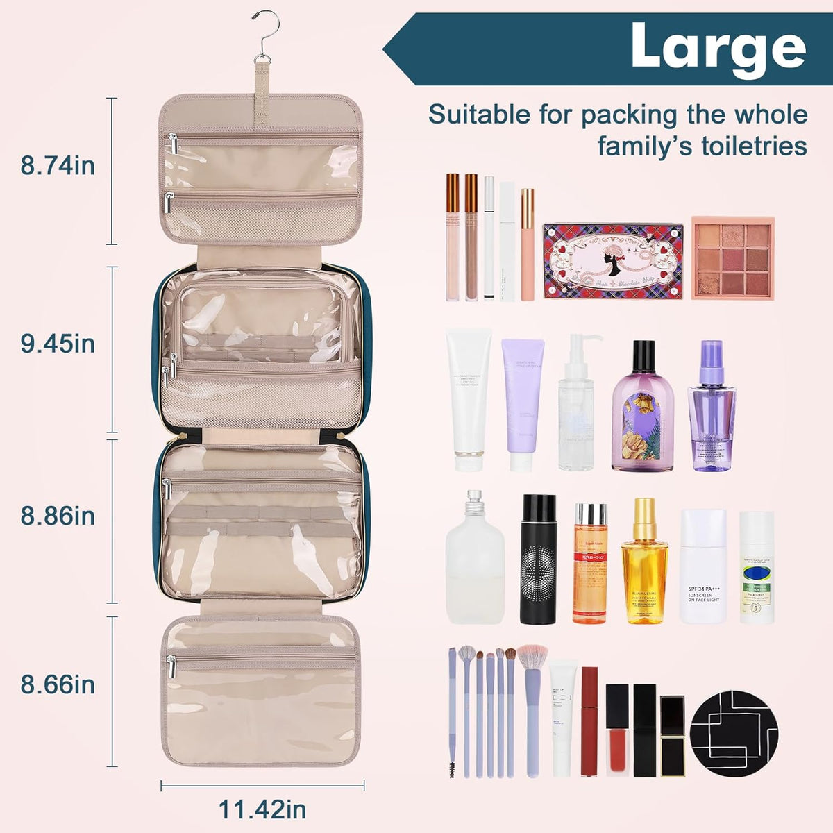 Toiletry Bag for Women, Hanging Travel Toiletry Bag with Jewelry Organizer Compartment Large Makeup Bag, PVC Waterproof Cosmetic Travel Bag for Travel Business Trips Camping Bathroom, Pink
