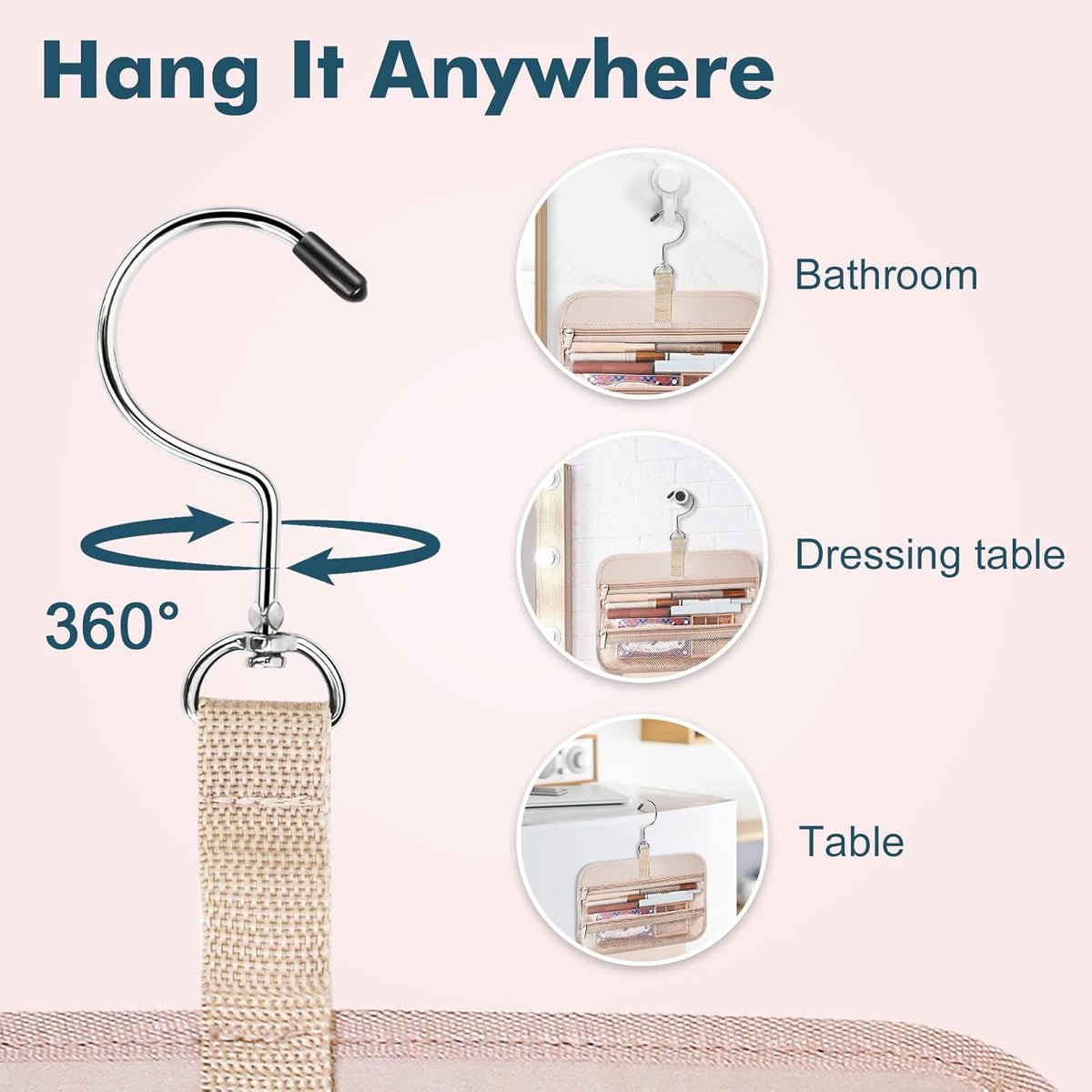 Toiletry Bag for Women, Hanging Travel Toiletry Bag with Jewelry Organizer Compartment Large Makeup Bag, PVC Waterproof Cosmetic Travel Bag for Travel Business Trips Camping Bathroom, Pink