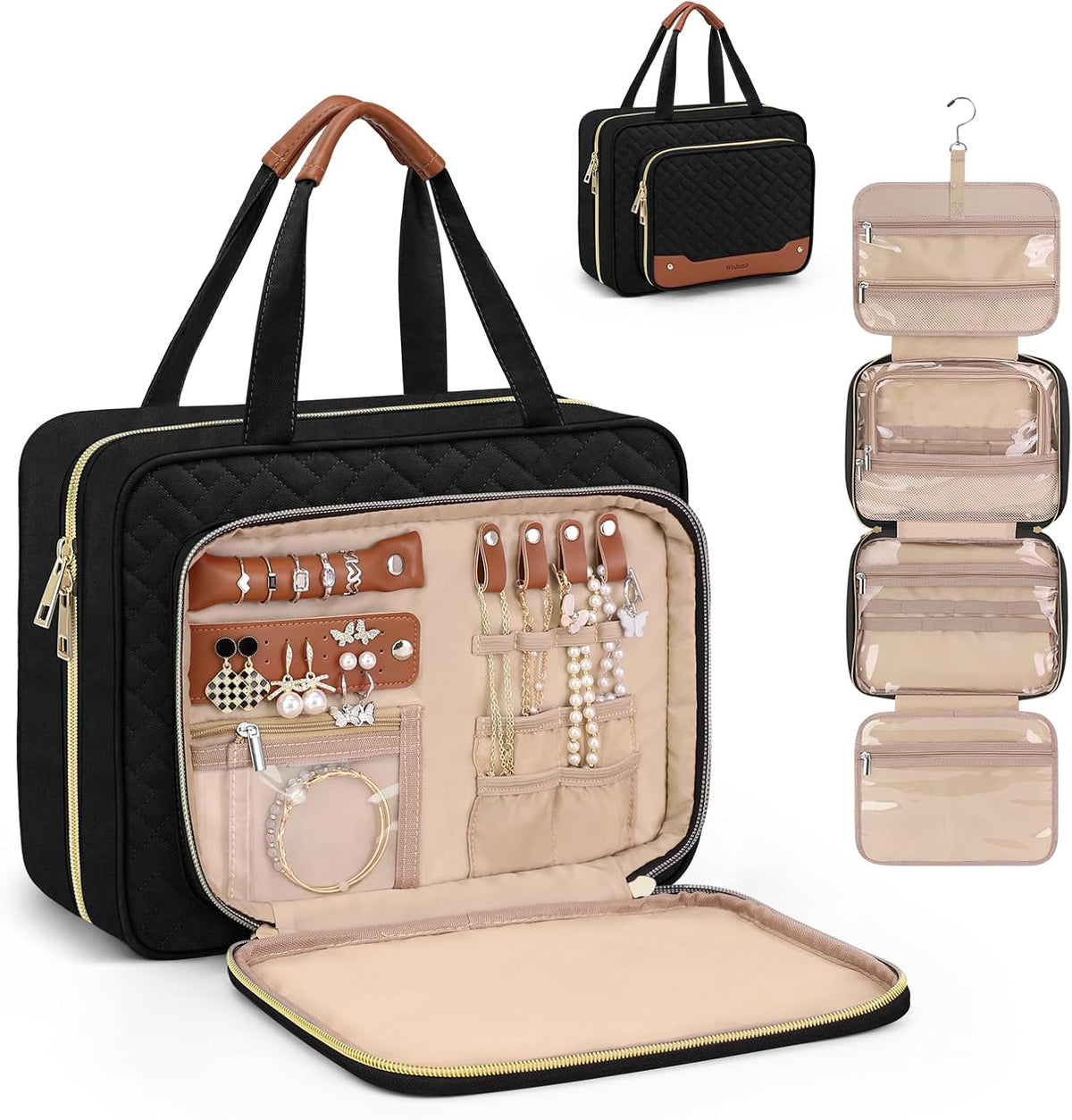 Toiletry Bag for Women, Hanging Travel Toiletry Bag with Jewelry Organizer Compartment Large Makeup Bag, PVC Waterproof Cosmetic Travel Bag for Travel Business Trips Camping Bathroom, Pink