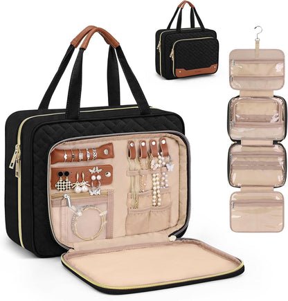 Toiletry Bag for Women, Hanging Travel Toiletry Bag with Jewelry Organizer Compartment Large Makeup Bag, PVC Waterproof Cosmetic Travel Bag for Travel Business Trips Camping Bathroom, Pink