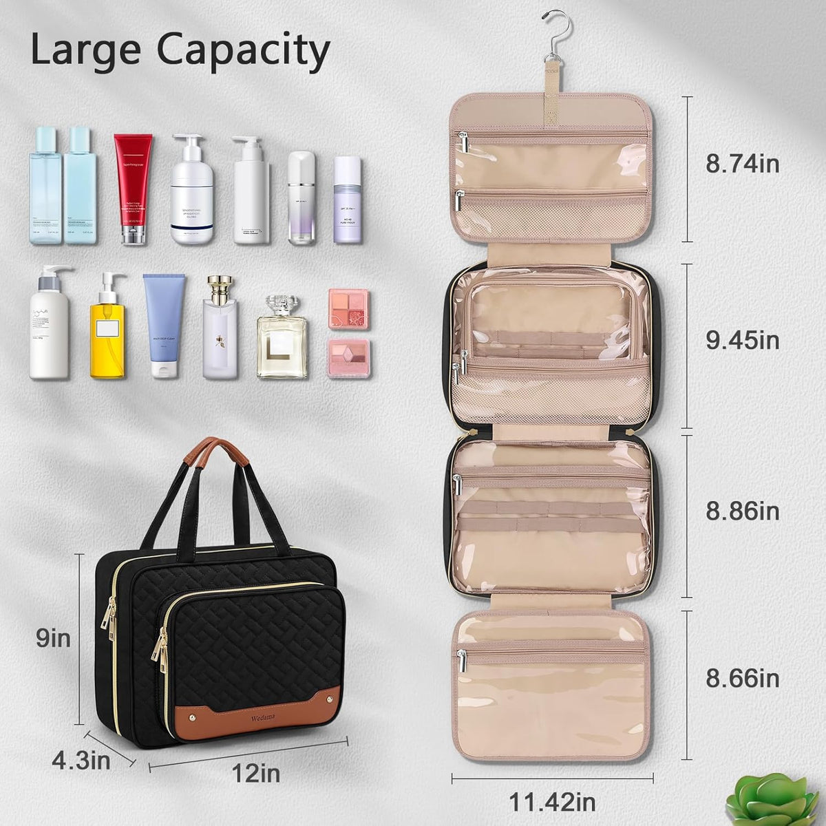 Toiletry Bag for Women, Hanging Travel Toiletry Bag with Jewelry Organizer Compartment Large Makeup Bag, PVC Waterproof Cosmetic Travel Bag for Travel Business Trips Camping Bathroom, Pink