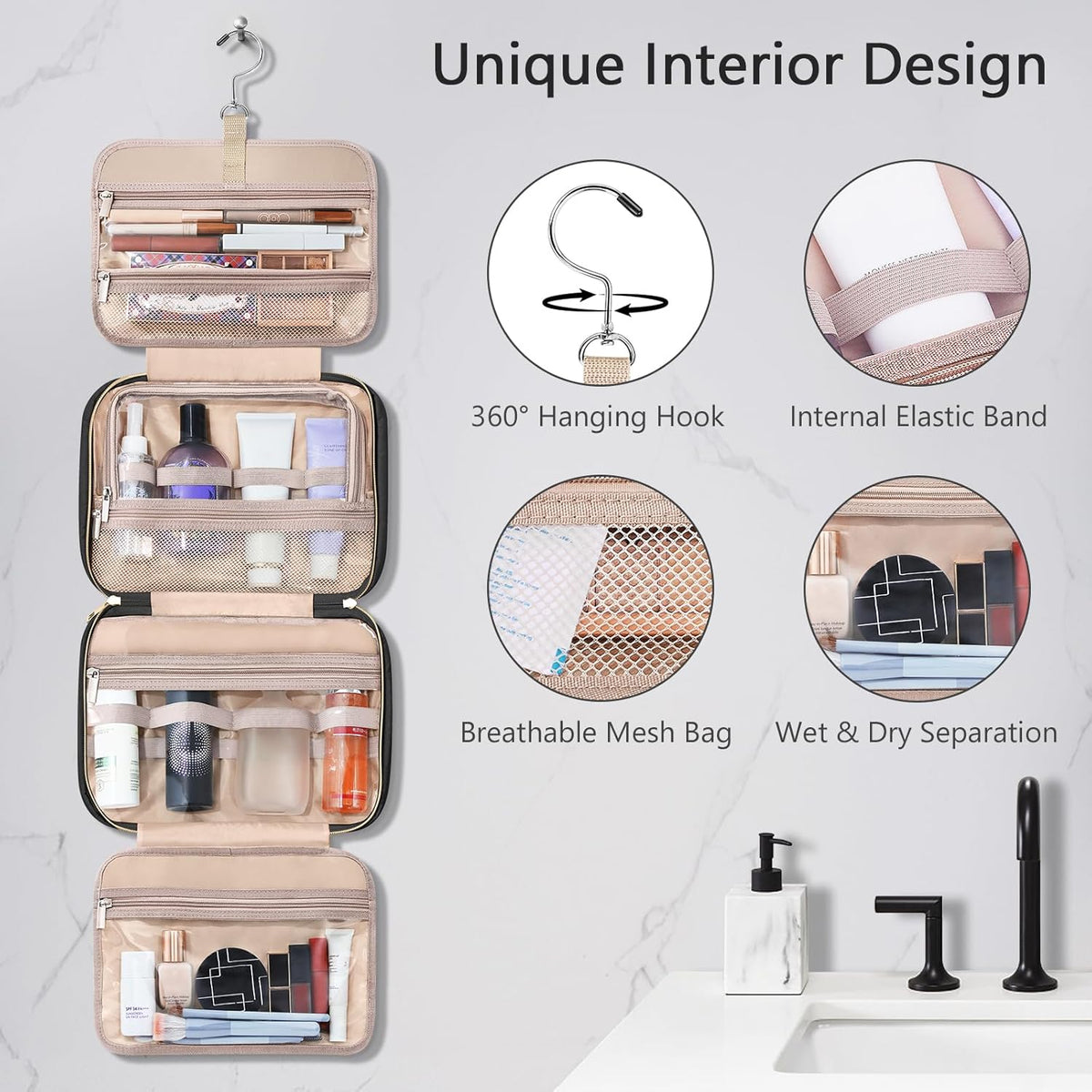 Toiletry Bag for Women, Hanging Travel Toiletry Bag with Jewelry Organizer Compartment Large Makeup Bag, PVC Waterproof Cosmetic Travel Bag for Travel Business Trips Camping Bathroom, Pink