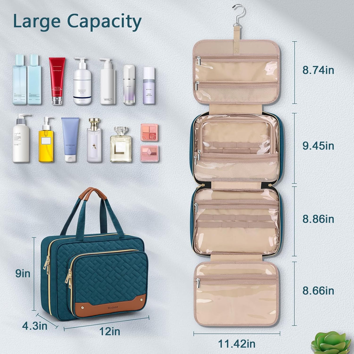 Toiletry Bag for Women, Hanging Travel Toiletry Bag with Jewelry Organizer Compartment Large Makeup Bag, PVC Waterproof Cosmetic Travel Bag for Travel Business Trips Camping Bathroom, Pink