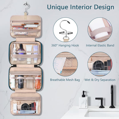 Toiletry Bag for Women, Hanging Travel Toiletry Bag with Jewelry Organizer Compartment Large Makeup Bag, PVC Waterproof Cosmetic Travel Bag for Travel Business Trips Camping Bathroom, Pink