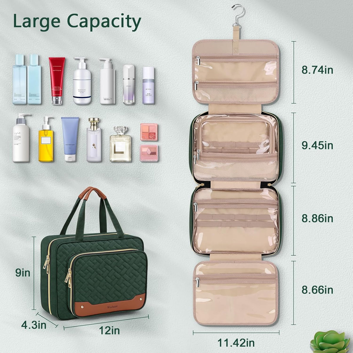 Toiletry Bag for Women, Hanging Travel Toiletry Bag with Jewelry Organizer Compartment Large Makeup Bag, PVC Waterproof Cosmetic Travel Bag for Travel Business Trips Camping Bathroom, Pink