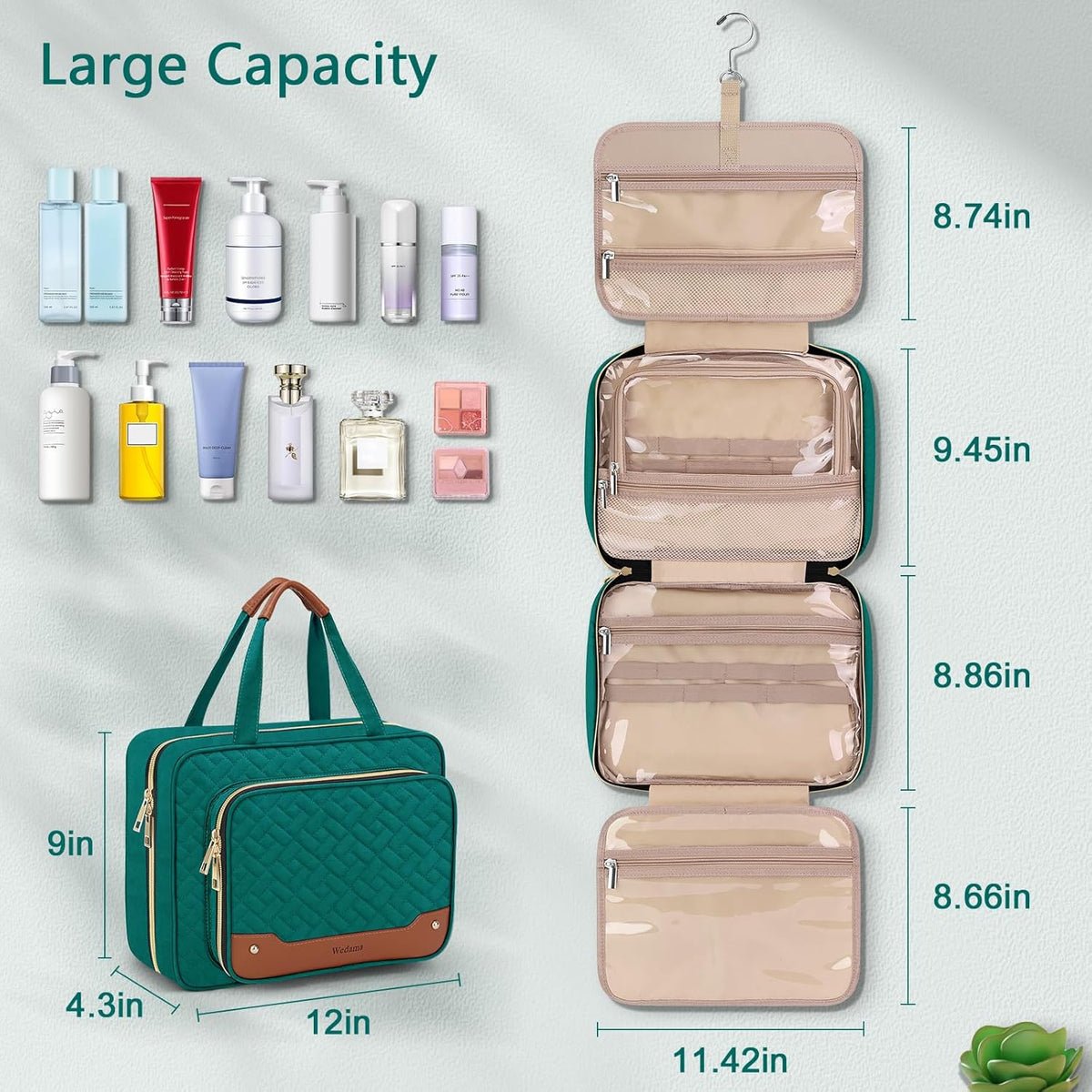 Toiletry Bag for Women, Hanging Travel Toiletry Bag with Jewelry Organizer Compartment Large Makeup Bag, PVC Waterproof Cosmetic Travel Bag for Travel Business Trips Camping Bathroom, Pink