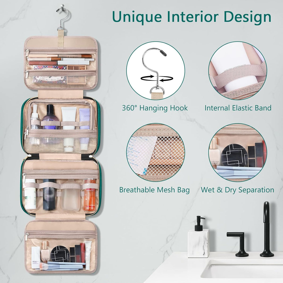Toiletry Bag for Women, Hanging Travel Toiletry Bag with Jewelry Organizer Compartment Large Makeup Bag, PVC Waterproof Cosmetic Travel Bag for Travel Business Trips Camping Bathroom, Pink