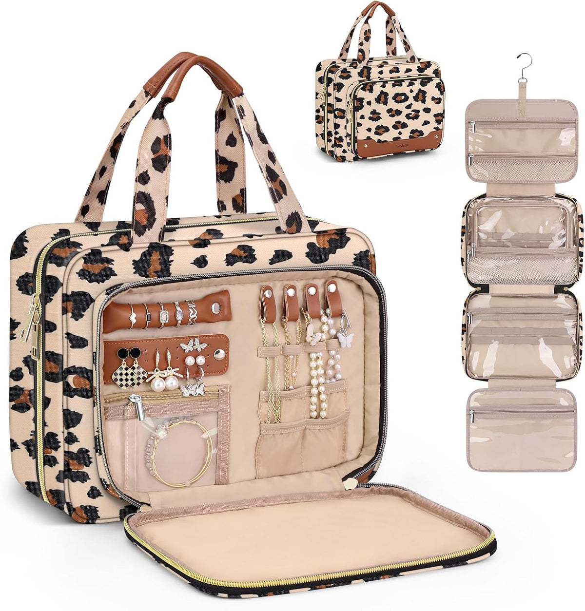 Toiletry Bag for Women, Hanging Travel Toiletry Bag with Jewelry Organizer Compartment Large Makeup Bag, PVC Waterproof Cosmetic Travel Bag for Travel Business Trips Camping Bathroom, Pink