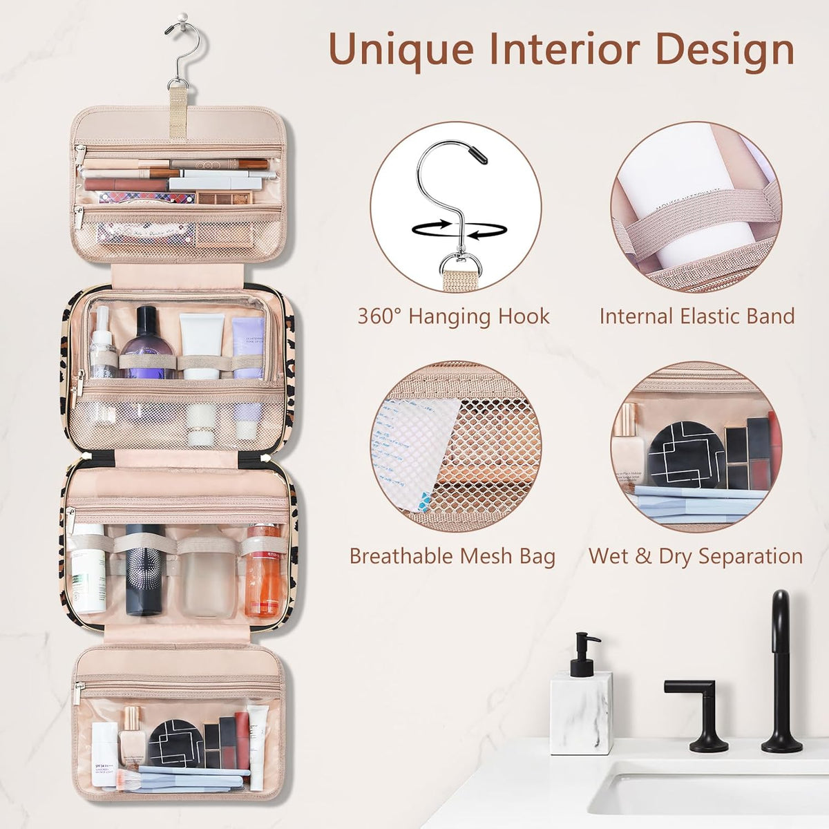 Toiletry Bag for Women, Hanging Travel Toiletry Bag with Jewelry Organizer Compartment Large Makeup Bag, PVC Waterproof Cosmetic Travel Bag for Travel Business Trips Camping Bathroom, Pink