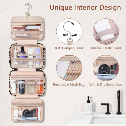 Toiletry Bag for Women, Hanging Travel Toiletry Bag with Jewelry Organizer Compartment Large Makeup Bag, PVC Waterproof Cosmetic Travel Bag for Travel Business Trips Camping Bathroom, Pink