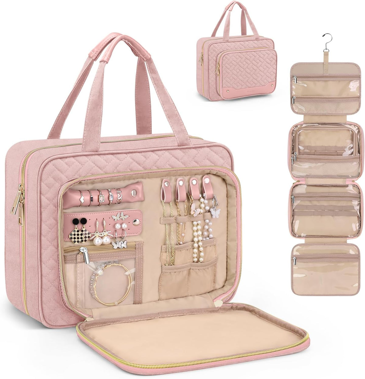 Toiletry Bag for Women, Hanging Travel Toiletry Bag with Jewelry Organizer Compartment Large Makeup Bag, PVC Waterproof Cosmetic Travel Bag for Travel Business Trips Camping Bathroom, Pink