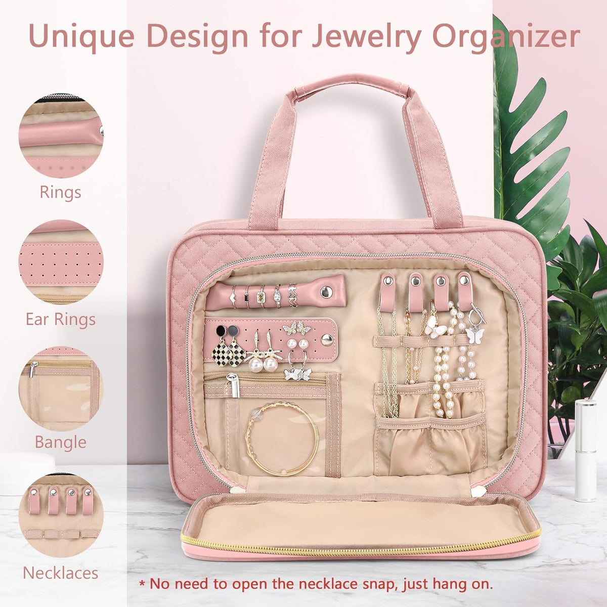 Toiletry Bag for Women, Hanging Travel Toiletry Bag with Jewelry Organizer Compartment Large Makeup Bag, PVC Waterproof Cosmetic Travel Bag for Travel Business Trips Camping Bathroom, Pink