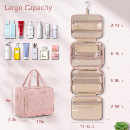 Toiletry Bag for Women, Hanging Travel Toiletry Bag with Jewelry Organizer Compartment Large Makeup Bag, PVC Waterproof Cosmetic Travel Bag for Travel Business Trips Camping Bathroom, Pink