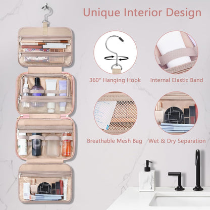 Toiletry Bag for Women, Hanging Travel Toiletry Bag with Jewelry Organizer Compartment Large Makeup Bag, PVC Waterproof Cosmetic Travel Bag for Travel Business Trips Camping Bathroom, Pink