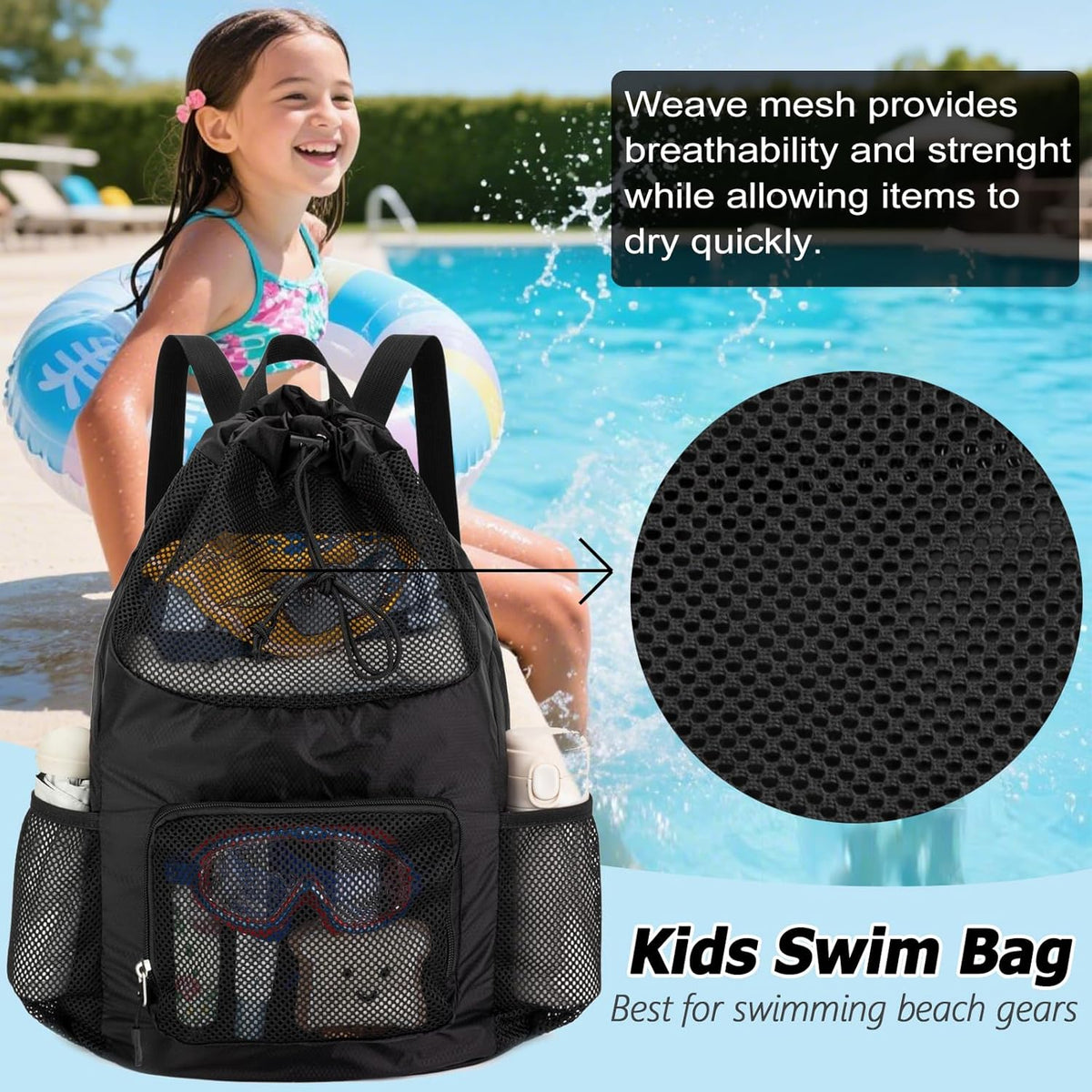 Swim Bag for Kids Mesh Beach Backpack for Boys Lightweight Drawstring Beach Bag Swimming Pool Sports Gym String Bag (Green)