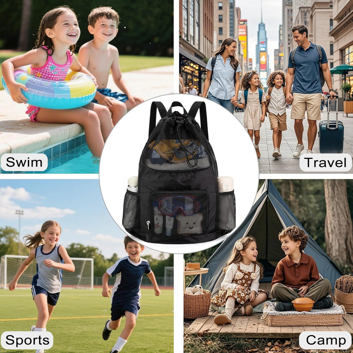 Swim Bag for Kids Mesh Beach Backpack for Boys Lightweight Drawstring Beach Bag Swimming Pool Sports Gym String Bag (Green)