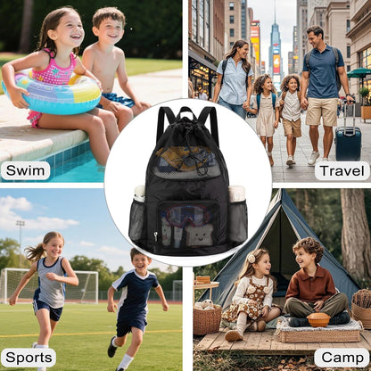 Swim Bag for Kids Mesh Beach Backpack for Boys Lightweight Drawstring Beach Bag Swimming Pool Sports Gym String Bag (Green)