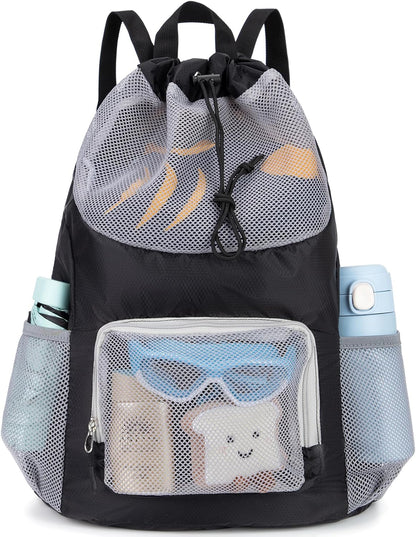 Swim Bag for Kids Mesh Beach Backpack for Boys Lightweight Drawstring Beach Bag Swimming Pool Sports Gym String Bag (Green)