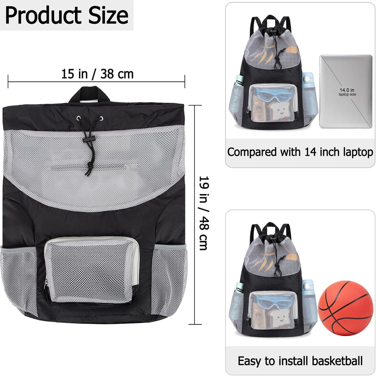 Swim Bag for Kids Mesh Beach Backpack for Boys Lightweight Drawstring Beach Bag Swimming Pool Sports Gym String Bag (Green)