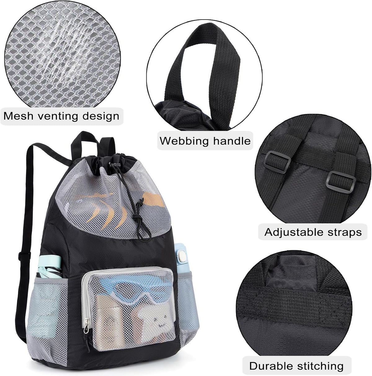 Swim Bag for Kids Mesh Beach Backpack for Boys Lightweight Drawstring Beach Bag Swimming Pool Sports Gym String Bag (Green)