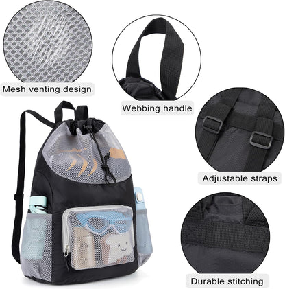 Swim Bag for Kids Mesh Beach Backpack for Boys Lightweight Drawstring Beach Bag Swimming Pool Sports Gym String Bag (Green)