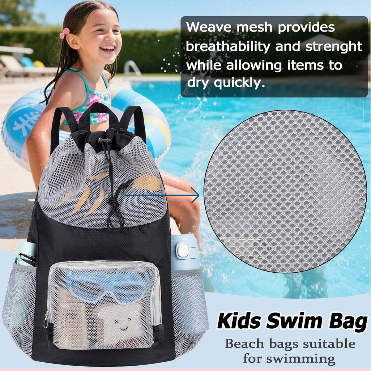 Swim Bag for Kids Mesh Beach Backpack for Boys Lightweight Drawstring Beach Bag Swimming Pool Sports Gym String Bag (Green)