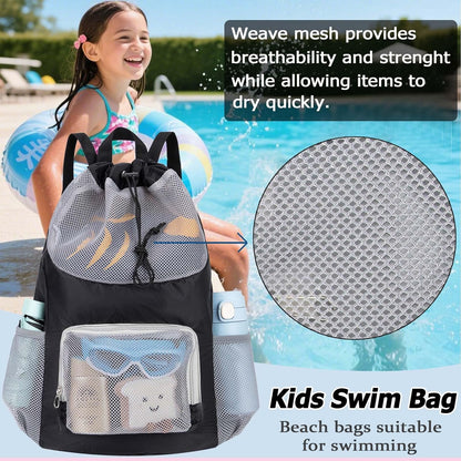 Swim Bag for Kids Mesh Beach Backpack for Boys Lightweight Drawstring Beach Bag Swimming Pool Sports Gym String Bag (Green)