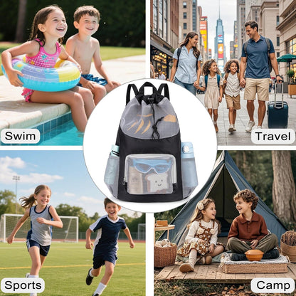Swim Bag for Kids Mesh Beach Backpack for Boys Lightweight Drawstring Beach Bag Swimming Pool Sports Gym String Bag (Green)
