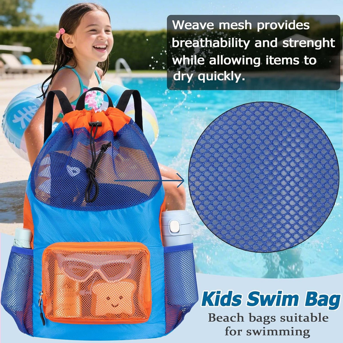 Swim Bag for Kids Mesh Beach Backpack for Boys Lightweight Drawstring Beach Bag Swimming Pool Sports Gym String Bag (Green)