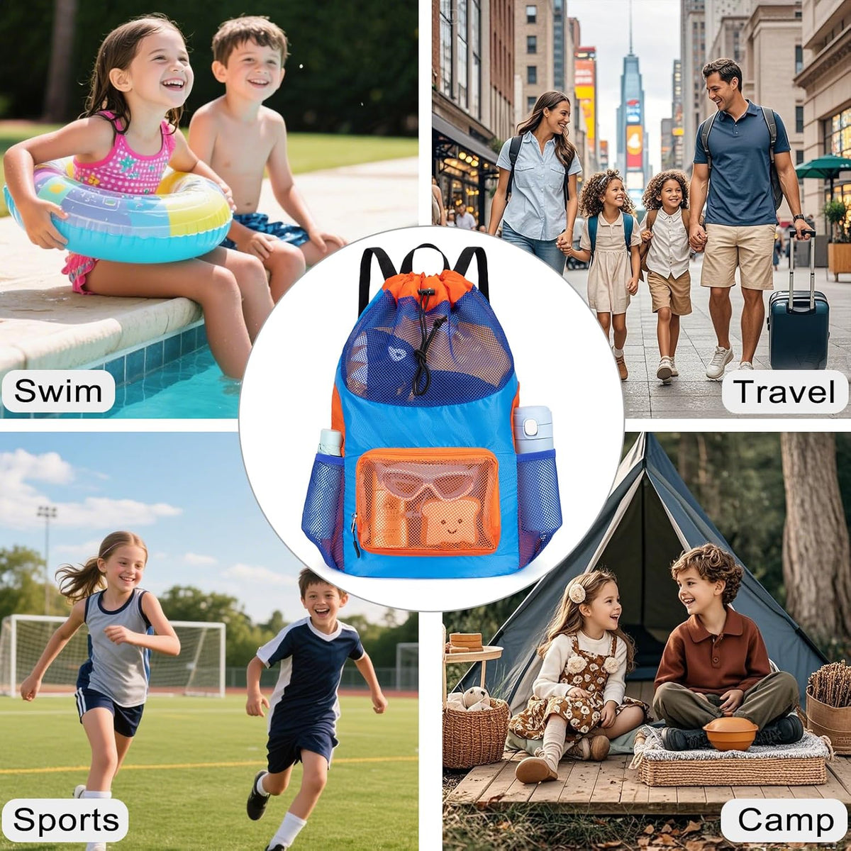 Swim Bag for Kids Mesh Beach Backpack for Boys Lightweight Drawstring Beach Bag Swimming Pool Sports Gym String Bag (Green)