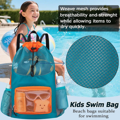 Swim Bag for Kids Mesh Beach Backpack for Boys Lightweight Drawstring Beach Bag Swimming Pool Sports Gym String Bag (Green)