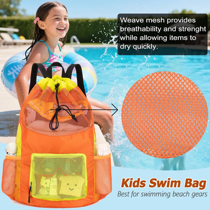 Swim Bag for Kids Mesh Beach Backpack for Boys Lightweight Drawstring Beach Bag Swimming Pool Sports Gym String Bag (Green)