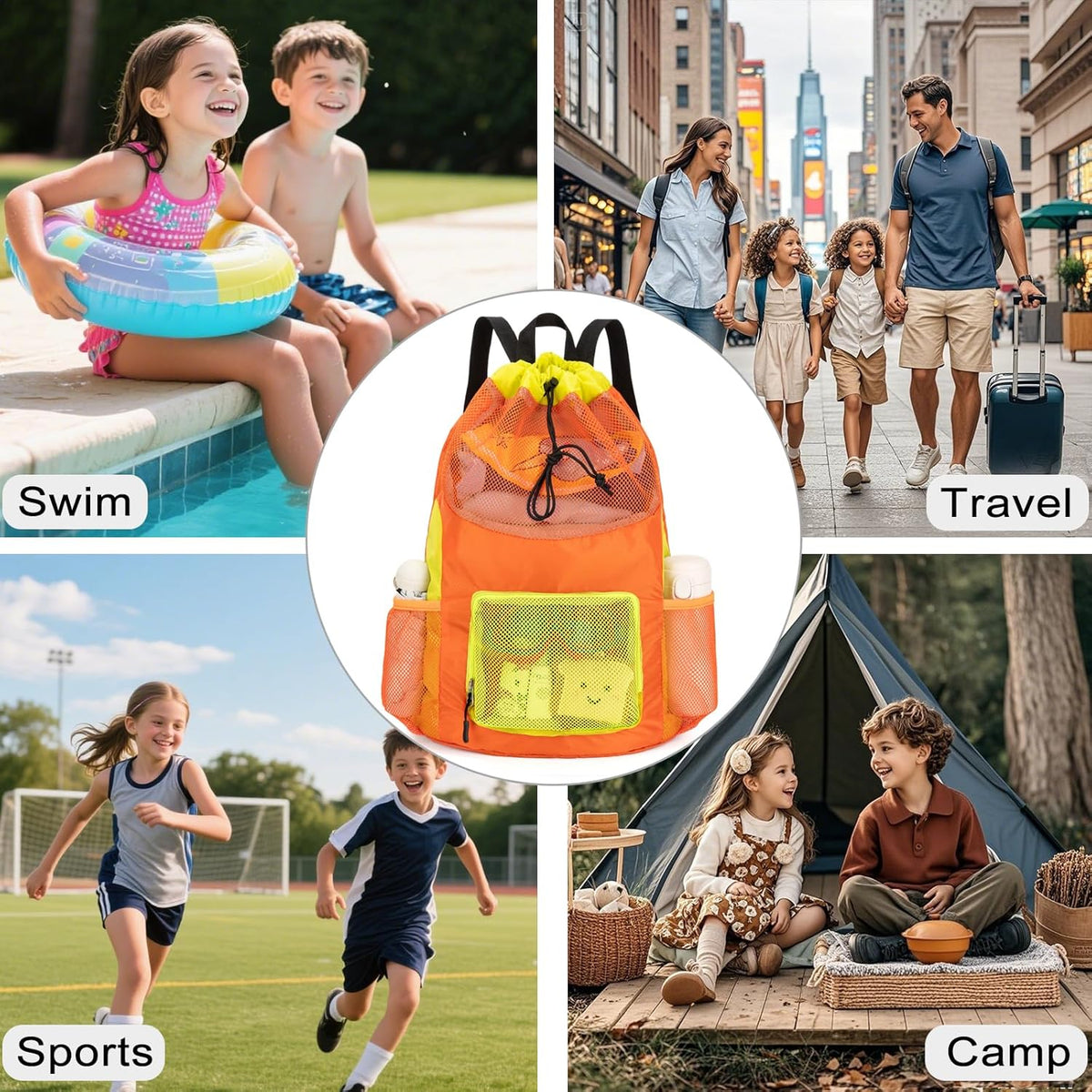 Swim Bag for Kids Mesh Beach Backpack for Boys Lightweight Drawstring Beach Bag Swimming Pool Sports Gym String Bag (Green)