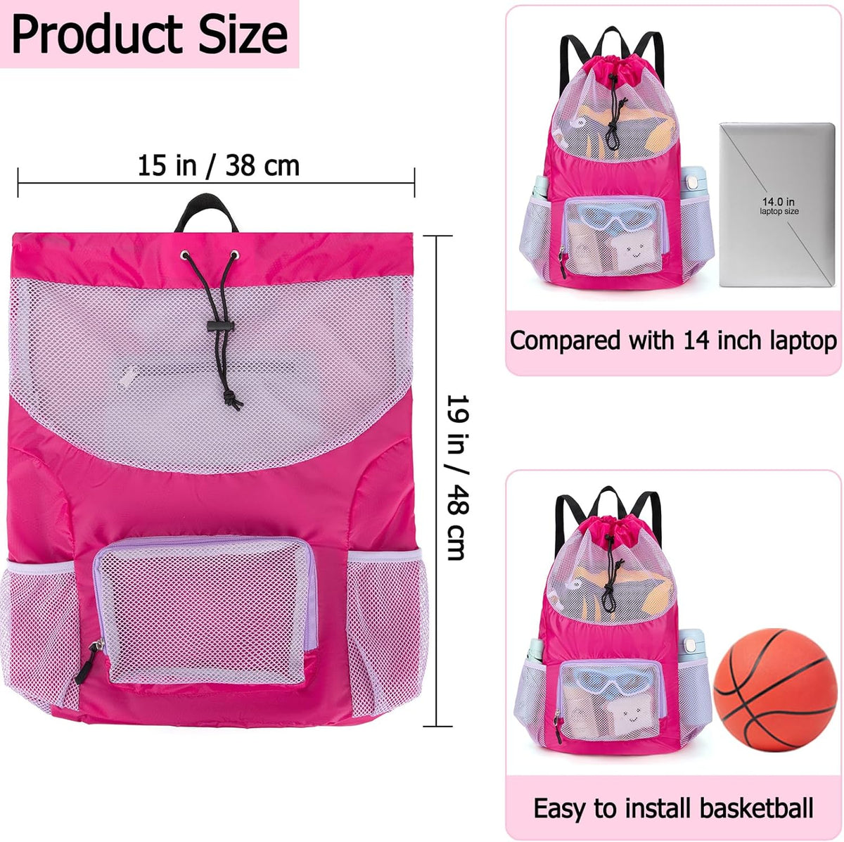 Swim Bag for Kids Mesh Beach Backpack for Boys Lightweight Drawstring Beach Bag Swimming Pool Sports Gym String Bag (Green)