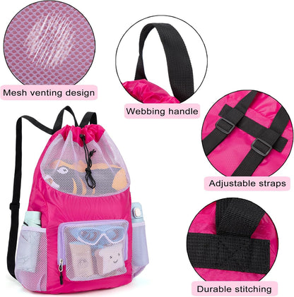 Swim Bag for Kids Mesh Beach Backpack for Boys Lightweight Drawstring Beach Bag Swimming Pool Sports Gym String Bag (Green)