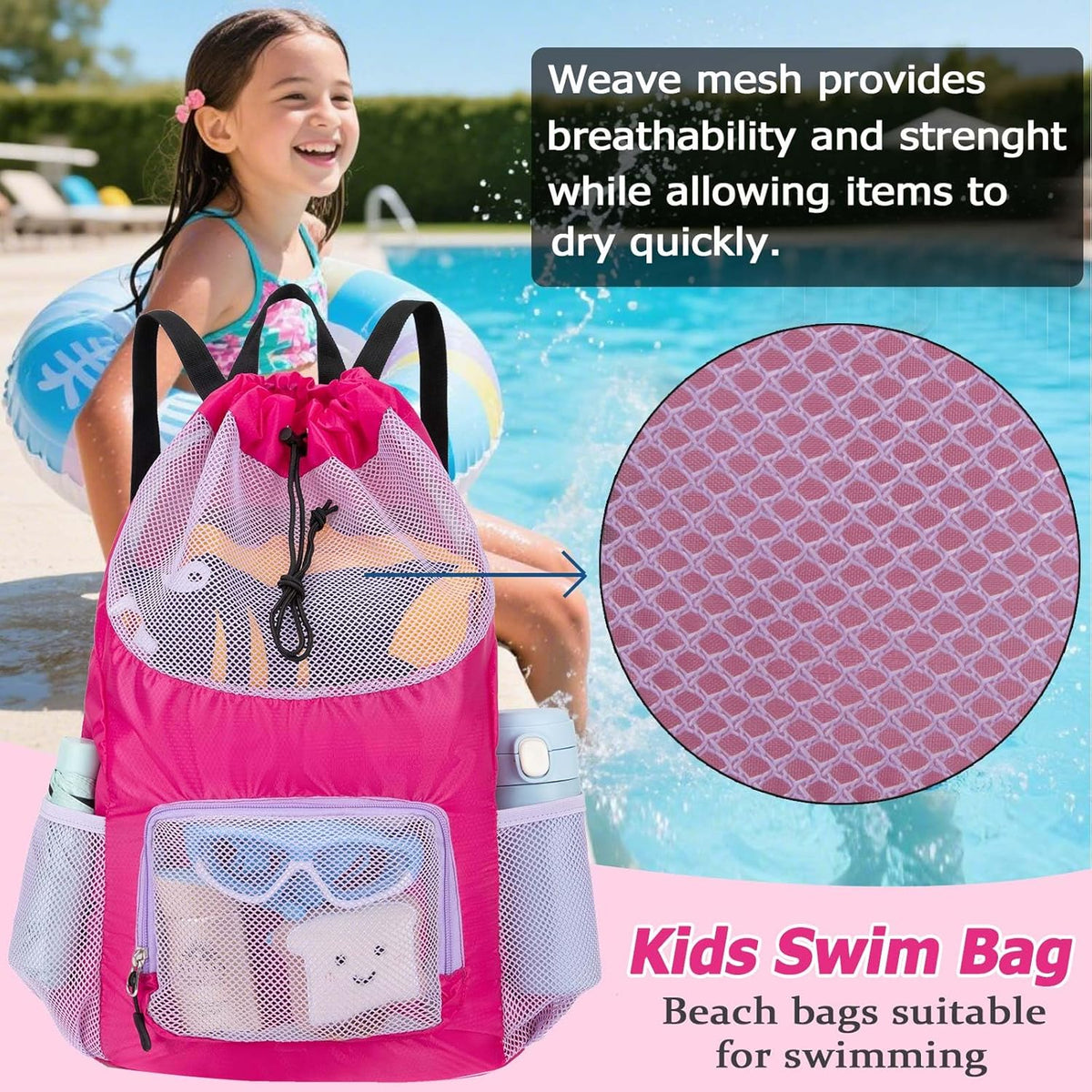 Swim Bag for Kids Mesh Beach Backpack for Boys Lightweight Drawstring Beach Bag Swimming Pool Sports Gym String Bag (Green)