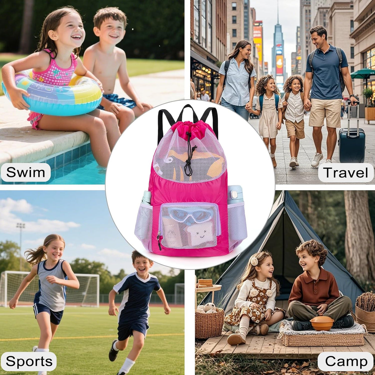 Swim Bag for Kids Mesh Beach Backpack for Boys Lightweight Drawstring Beach Bag Swimming Pool Sports Gym String Bag (Green)