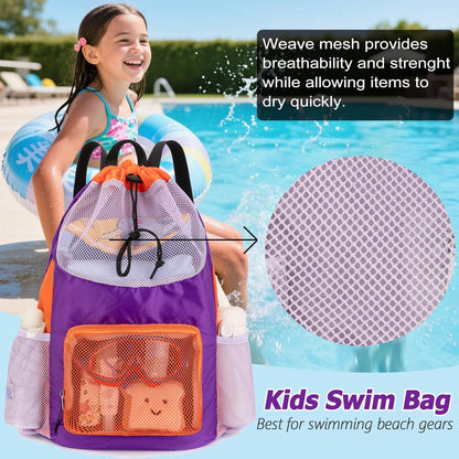 Swim Bag for Kids Mesh Beach Backpack for Boys Lightweight Drawstring Beach Bag Swimming Pool Sports Gym String Bag (Green)