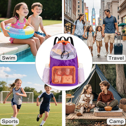 Swim Bag for Kids Mesh Beach Backpack for Boys Lightweight Drawstring Beach Bag Swimming Pool Sports Gym String Bag (Green)