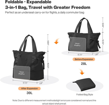 Travel Tote Bag for Women Large Expandable Travel Bag Waterproof Lightweight Carry On Personal Item Handbag