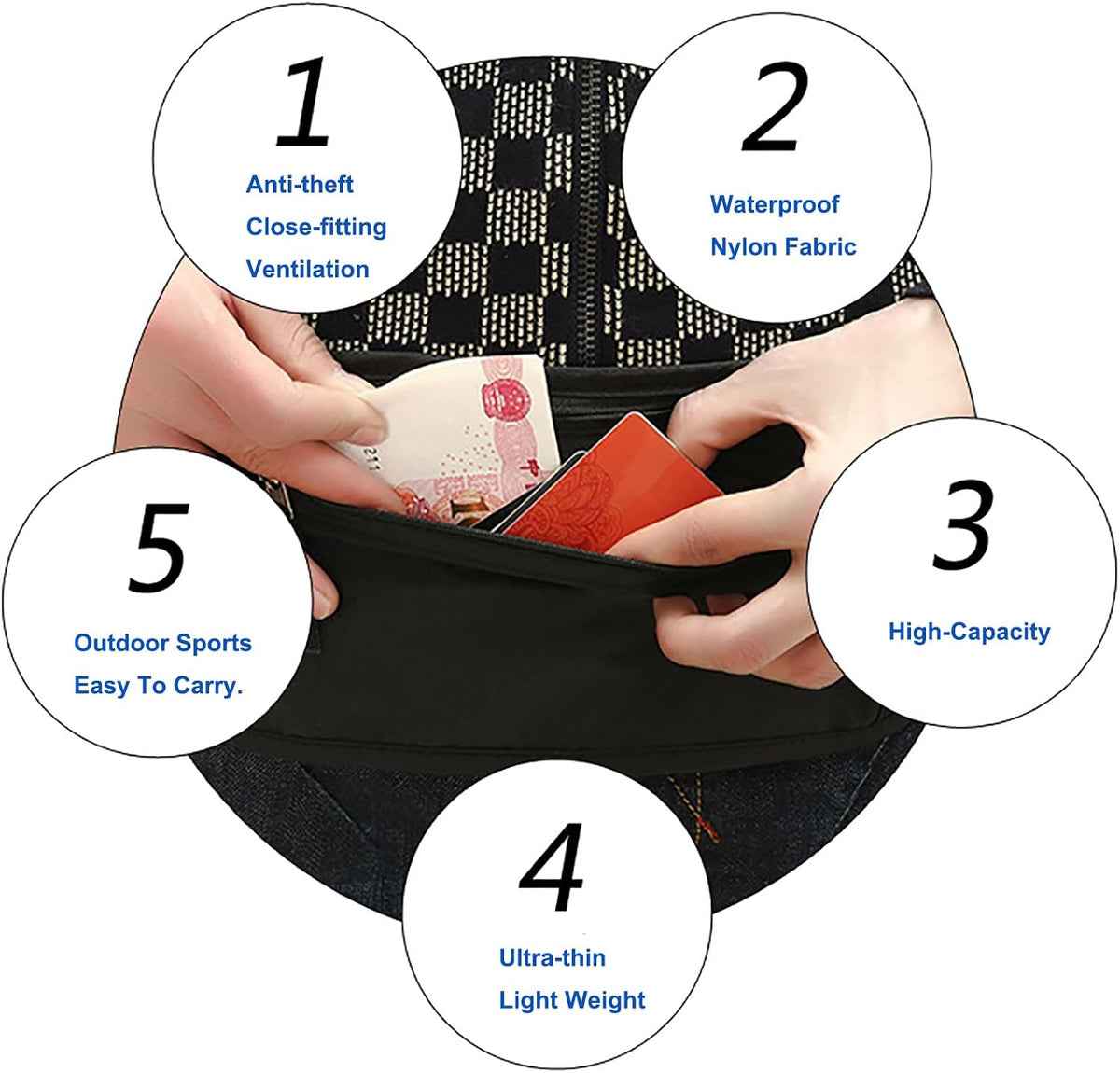 Money Belt Travel Pouch, Hidden Waist Wallet Pouchs, Moneys Bag with Zipper | Money Belt for Travel, Anti-Theft Travel, Two Pockets, Slim Design, Under Clothes, Zipper Closure, For Cash, Passport, Cards