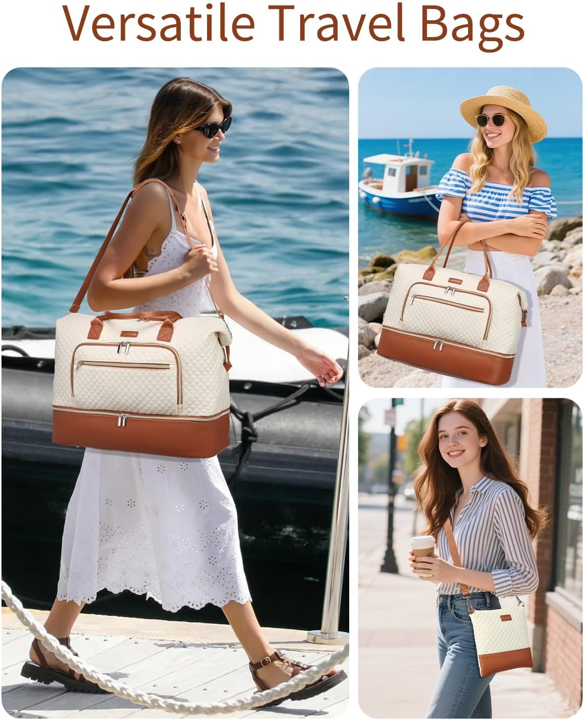 Weekender Bags for Women, Travel Tote Duffle Bag Carry On Overnight Bag with Cosmetics Bag and Crossbody Purse for Gym Hospital, Gifts for Women, Beige Brown