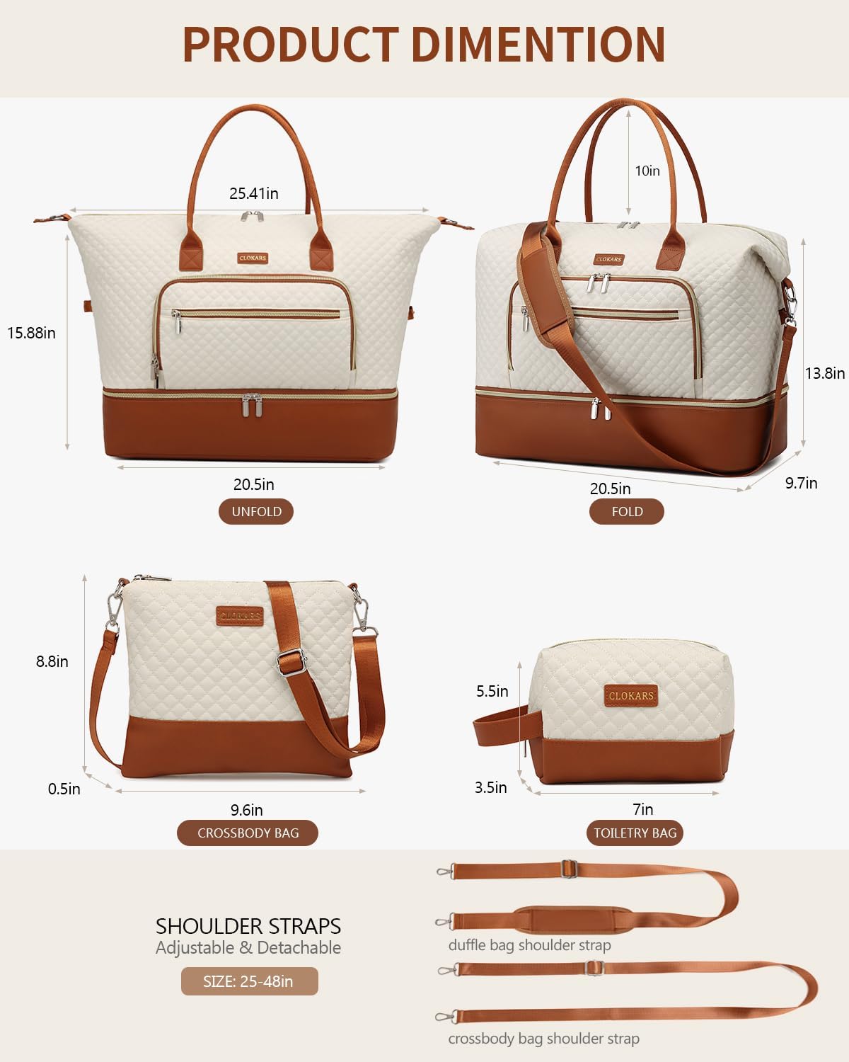 Weekender Bags for Women, Travel Tote Duffle Bag Carry On Overnight Bag with Cosmetics Bag and Crossbody Purse for Gym Hospital, Gifts for Women, Beige Brown