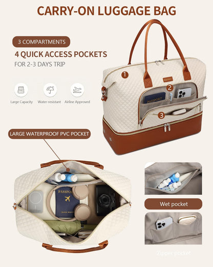 Weekender Bags for Women, Travel Tote Duffle Bag Carry On Overnight Bag with Cosmetics Bag and Crossbody Purse for Gym Hospital, Gifts for Women, Beige Brown