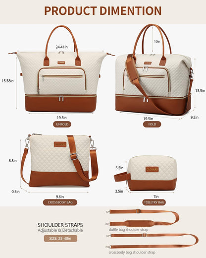 Weekender Bags for Women, Travel Tote Duffle Bag Carry On Overnight Bag with Cosmetics Bag and Crossbody Purse for Gym Hospital, Gifts for Women, Beige Brown
