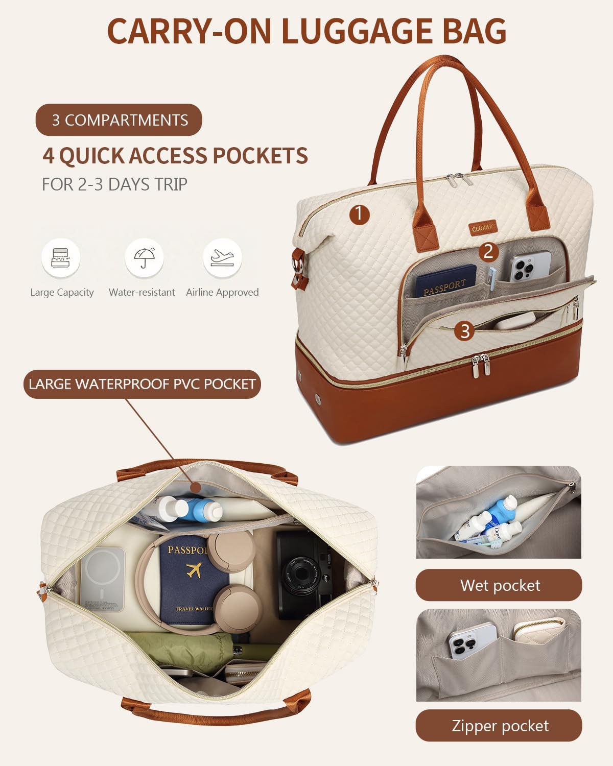 Weekender Bags for Women, Travel Tote Duffle Bag Carry On Overnight Bag with Cosmetics Bag and Crossbody Purse for Gym Hospital, Gifts for Women, Beige Brown