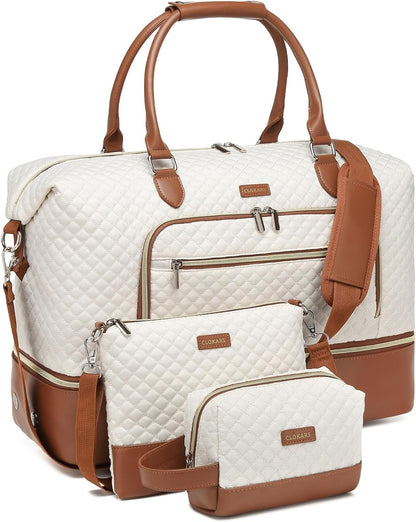 Weekender Bags for Women, Travel Tote Duffle Bag Carry On Overnight Bag with Cosmetics Bag and Crossbody Purse for Gym Hospital, Gifts for Women, Beige Brown
