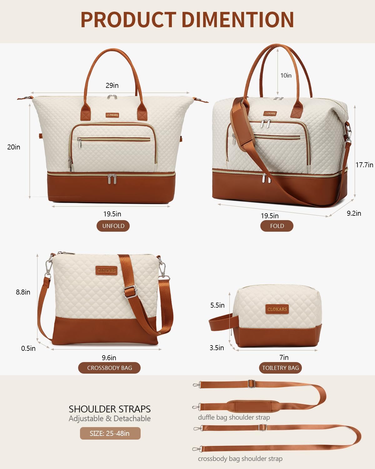 Weekender Bags for Women, Travel Tote Duffle Bag Carry On Overnight Bag with Cosmetics Bag and Crossbody Purse for Gym Hospital, Gifts for Women, Beige Brown