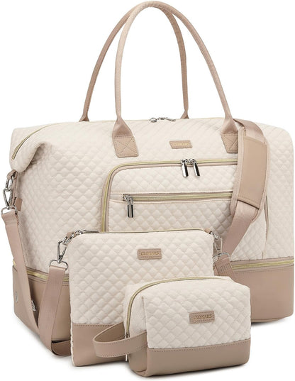 Weekender Bags for Women, Travel Tote Duffle Bag Carry On Overnight Bag with Cosmetics Bag and Crossbody Purse for Gym Hospital, Gifts for Women, Beige Brown