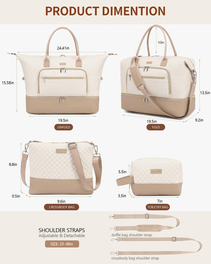 Weekender Bags for Women, Travel Tote Duffle Bag Carry On Overnight Bag with Cosmetics Bag and Crossbody Purse for Gym Hospital, Gifts for Women, Beige Brown